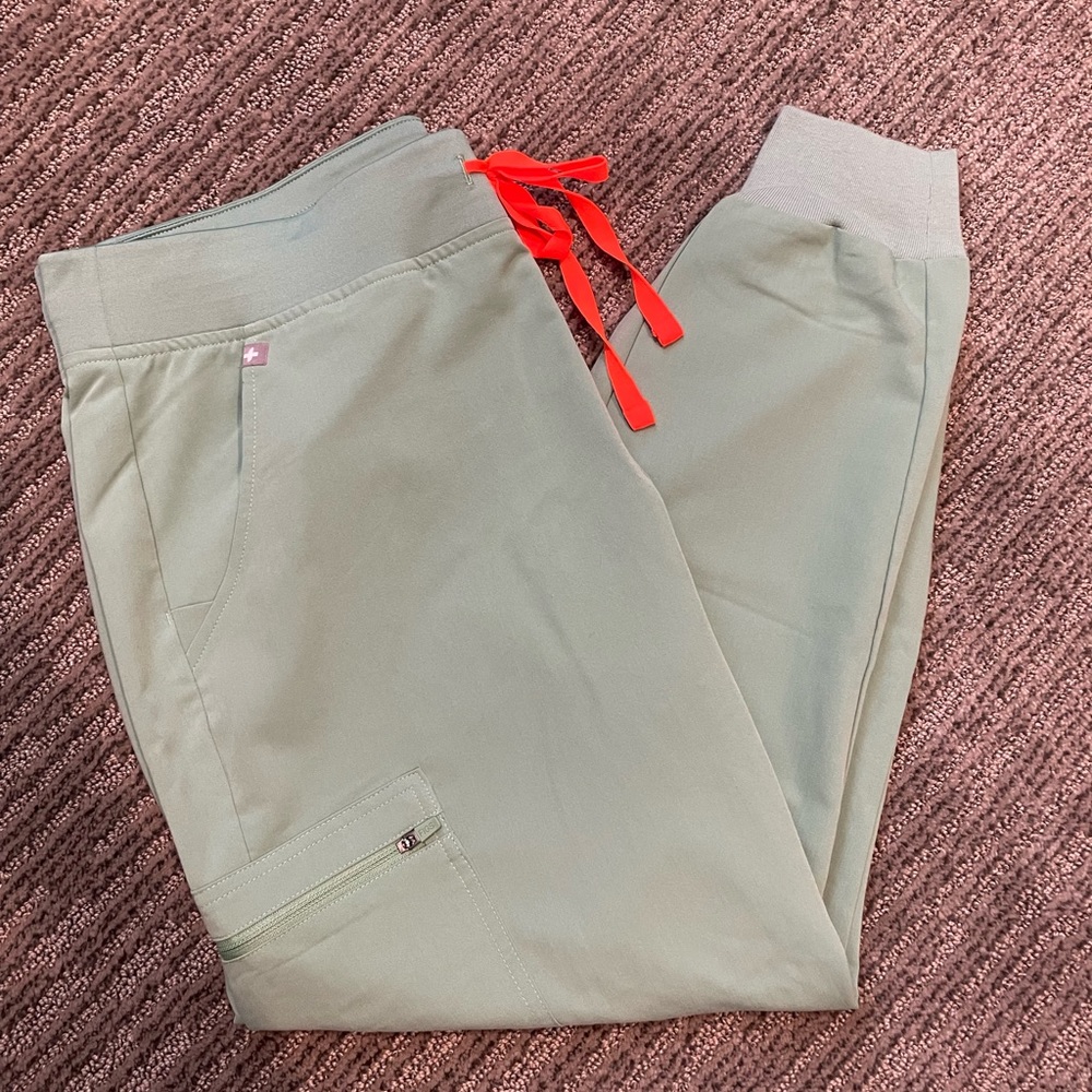 Figs Women's Pants in Sage Green with Red Accents